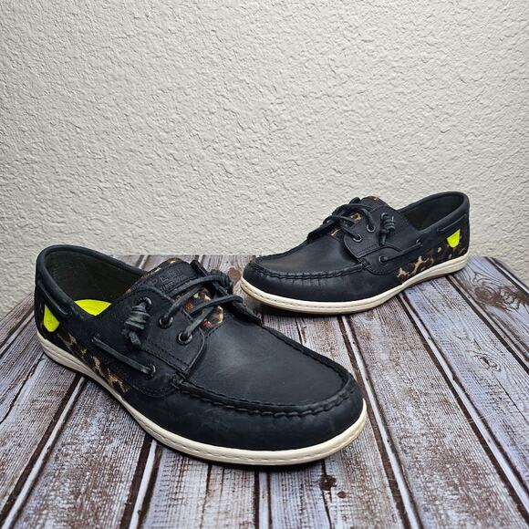 Sperry top siders songfish black and cheetah boat shoes loafers women's size 10 - Picture 1 of 7